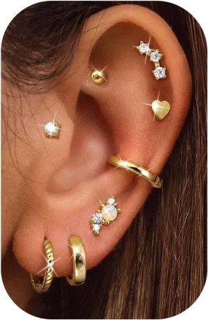 Hypoallergenic Flat Back Earrings 14K Gold Cartilage Earring Sets for Multiple Piercing 20G Surgical Stainless Steel Earrings for Women Trendy Earring Stacks Small Hoop Screw Back Flatback Stud Earrings
