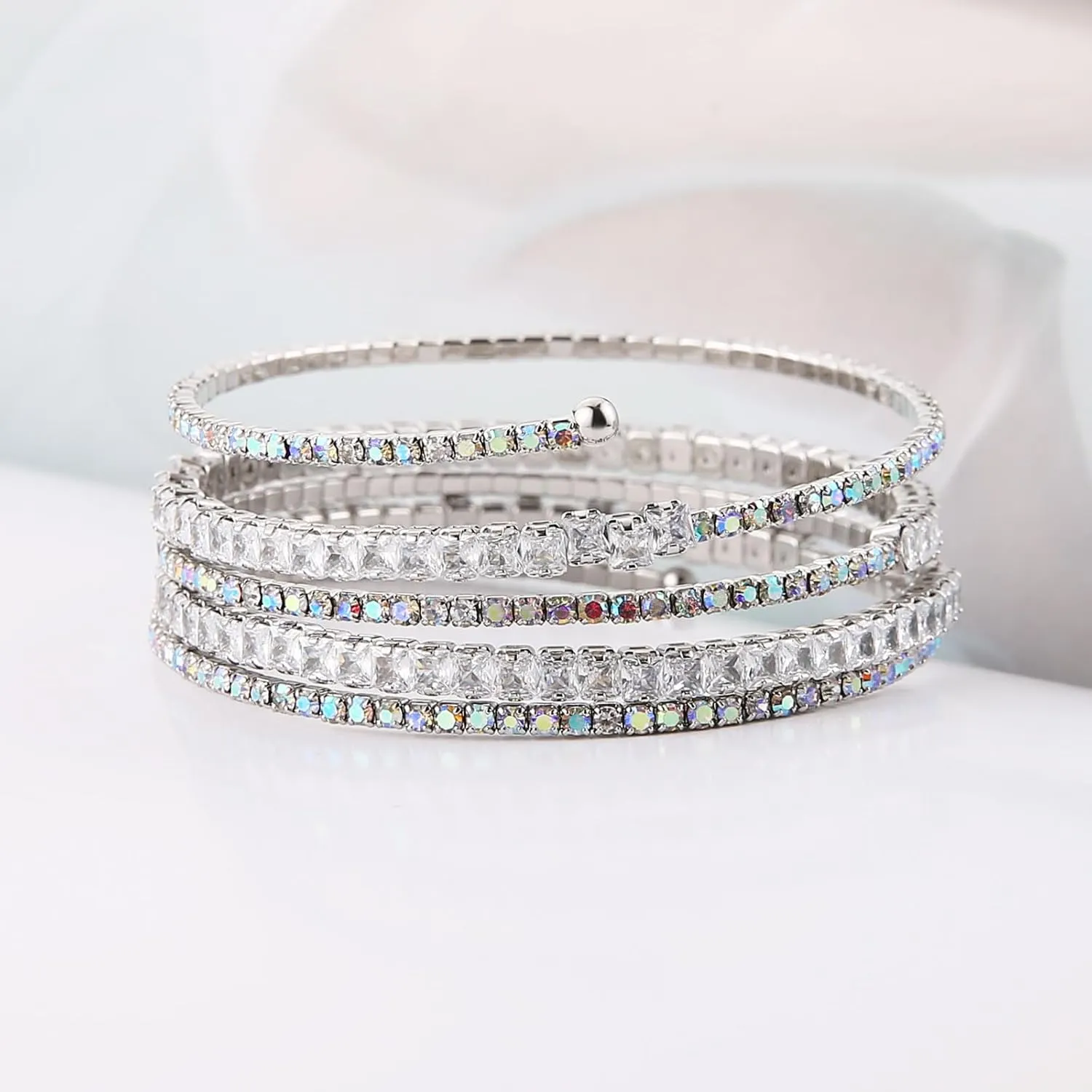 HZMAN Crystal Rhinestone Cuff Bracelet for Women Dainty MultiLayer Bracelet 6 Rows Layered Bracelets Jewelry for Prom Wedding Party