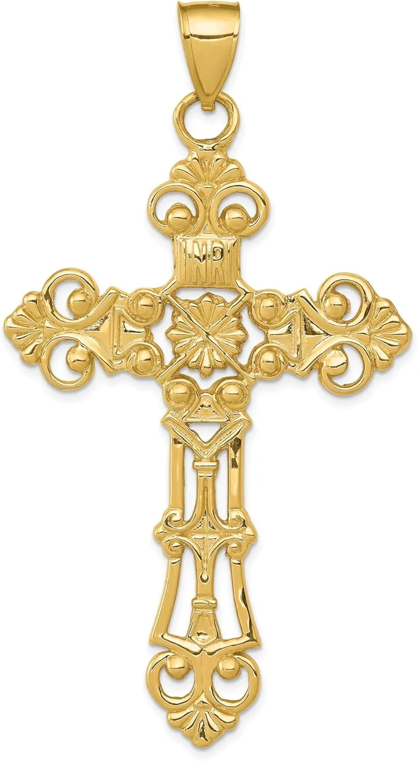 IceCarats 14k Yellow Gold Fleur De Lis Flower Large Cross Necklace Pendant Charm Religious Inri Fine Jewelry For Women Gifts For Her