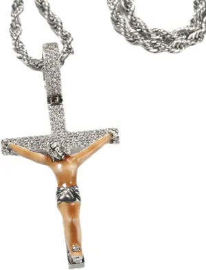 Iced Out Jesus Crucifix Cross CZ Pendant Hip Hop Necklaces for Men Women Baptism Christian Jewelry with 24 inches ChainsSilver, 65cm