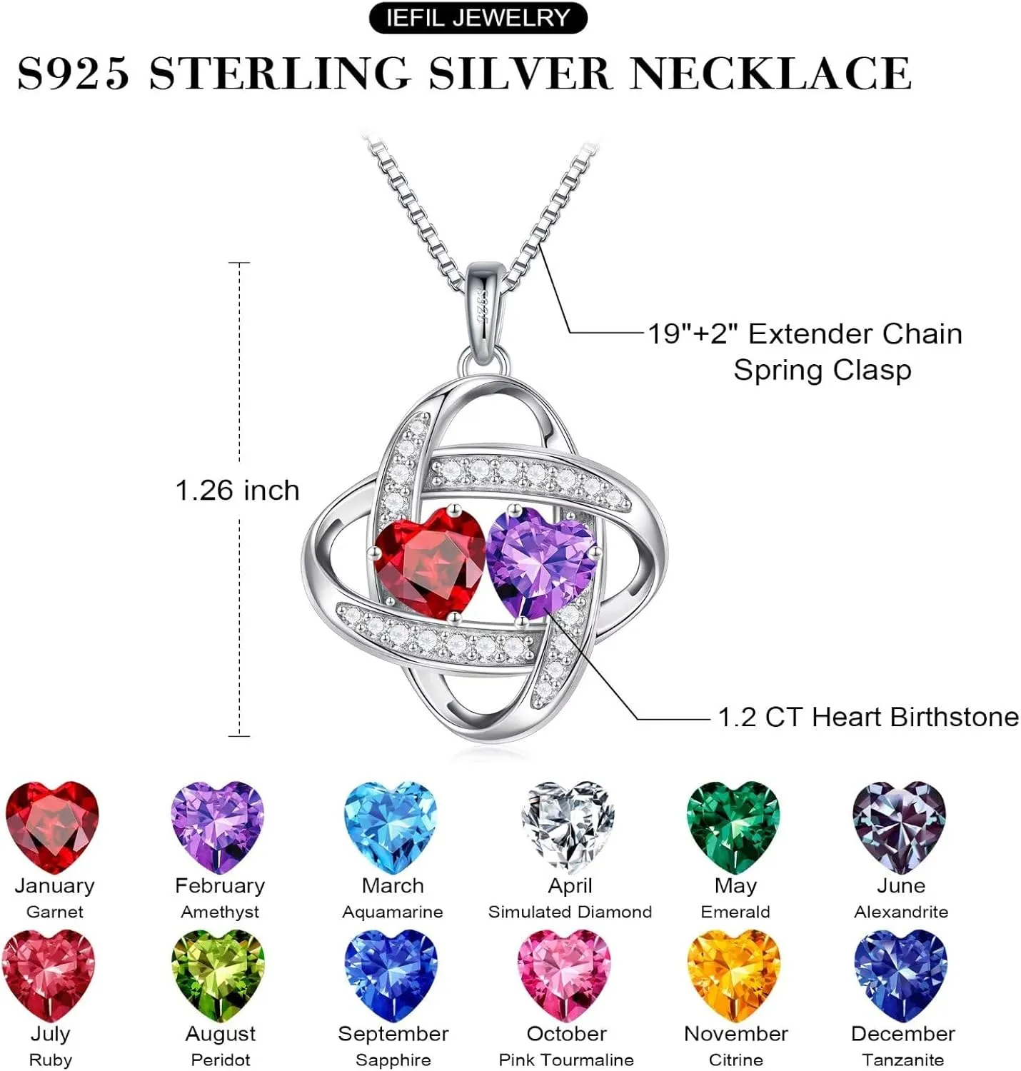 Iefil Birthstone Necklace for Women - 925 Sterling Silver Love Knot Necklace, Anniversary Birthday Jewelry Gifts for Her Wife Girlfriend Mom