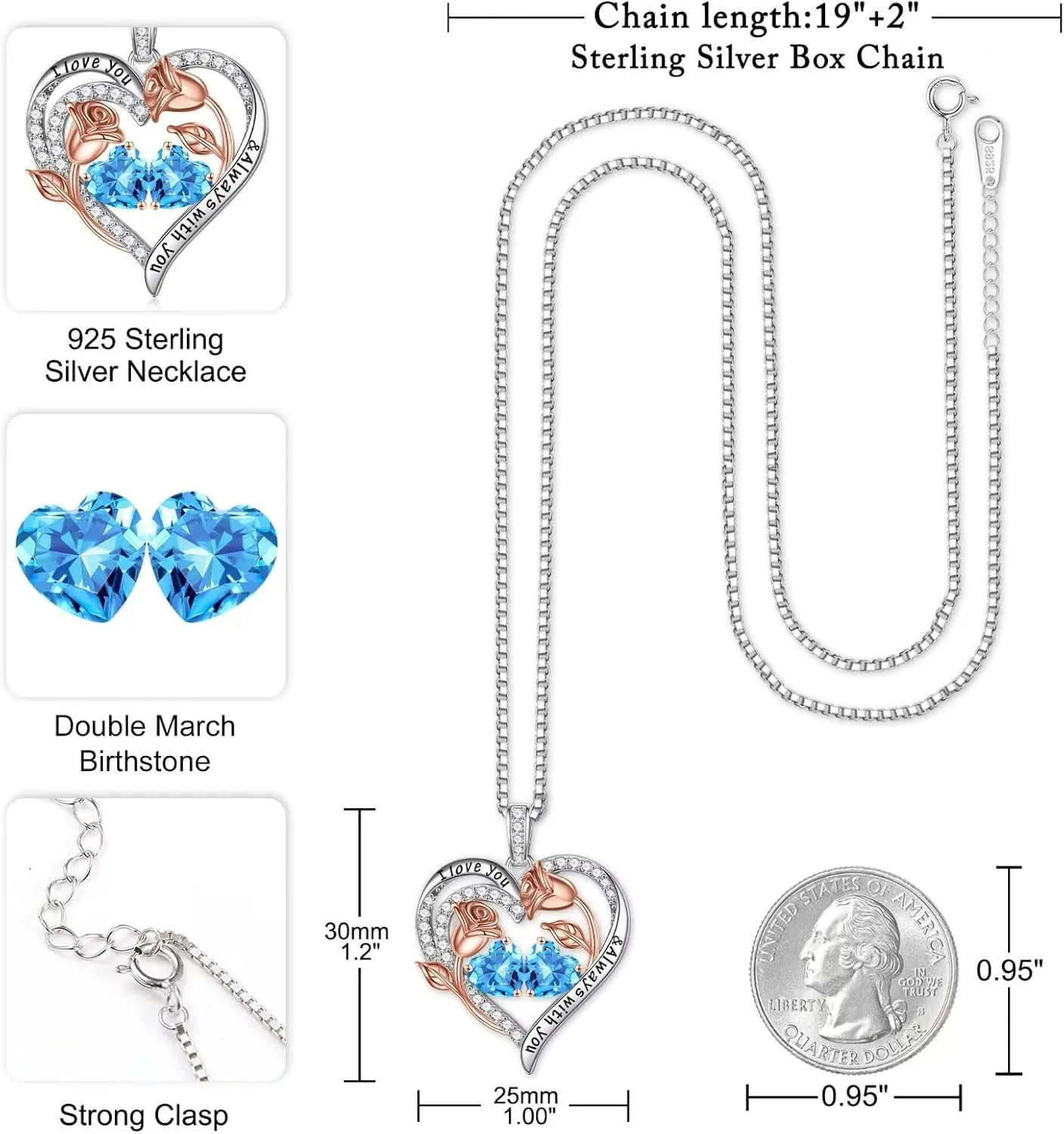 Iefil Birthstone Necklace for Women - 925 Sterling Silver Rose Heart Birthstone Necklace Birthday Anniversary Jewelry Gifts for Her Wife Mom Daughter