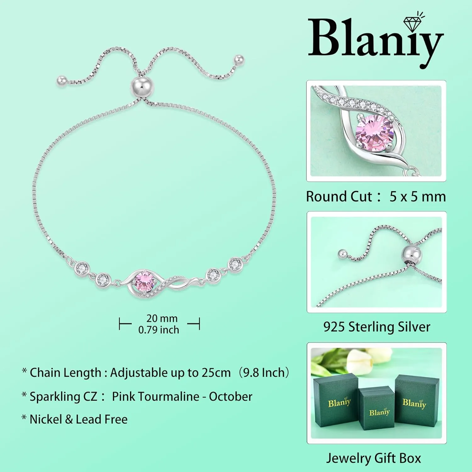 Infinity Bracelets for Women 925 Sterling Silver Adjustable Link Bracelet Birthstone Jewelry Gifts for Her