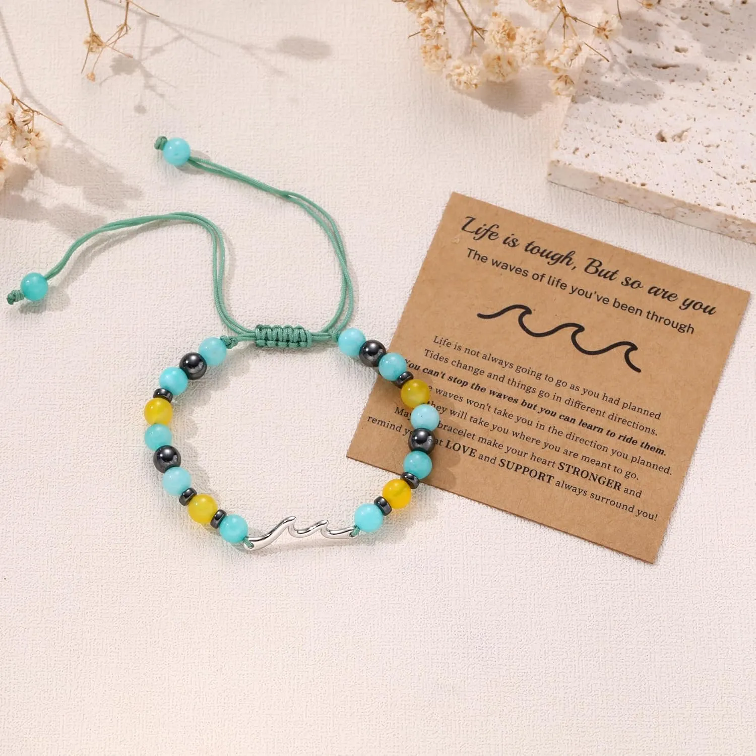 Inspirational Gifts for Women, Wave Bracelet Encouragement Gifts, Natural Stone Beaded Bracelets Life Is Tough Cheer Up Spiritual Thoughtful Get Weel Gifts Birthday Mothers Day Jewelry
