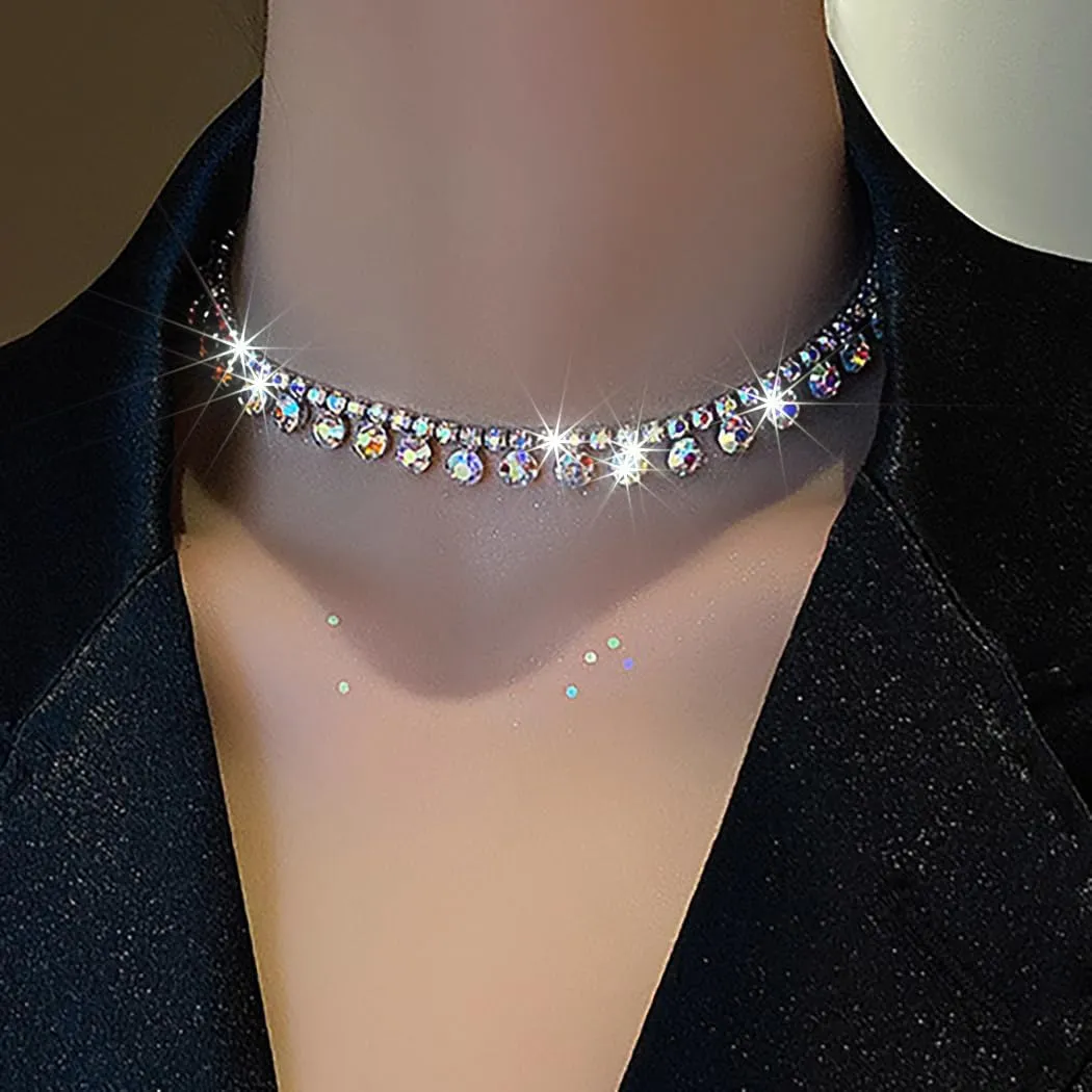 JEAIRTS Rhinestone Choker Necklace Silver Diamond Row Necklaces Sparkly Crystal Necklace Chain Jewerly Fashion Minimalist Party Prom Accessories for Women