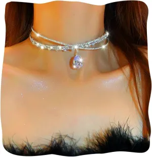 JEAIRTS Rhinestone Choker Necklace Silver Diamond Row Necklaces Sparkly Crystal Necklace Chain Jewerly Fashion Minimalist Party Prom Accessories for Women