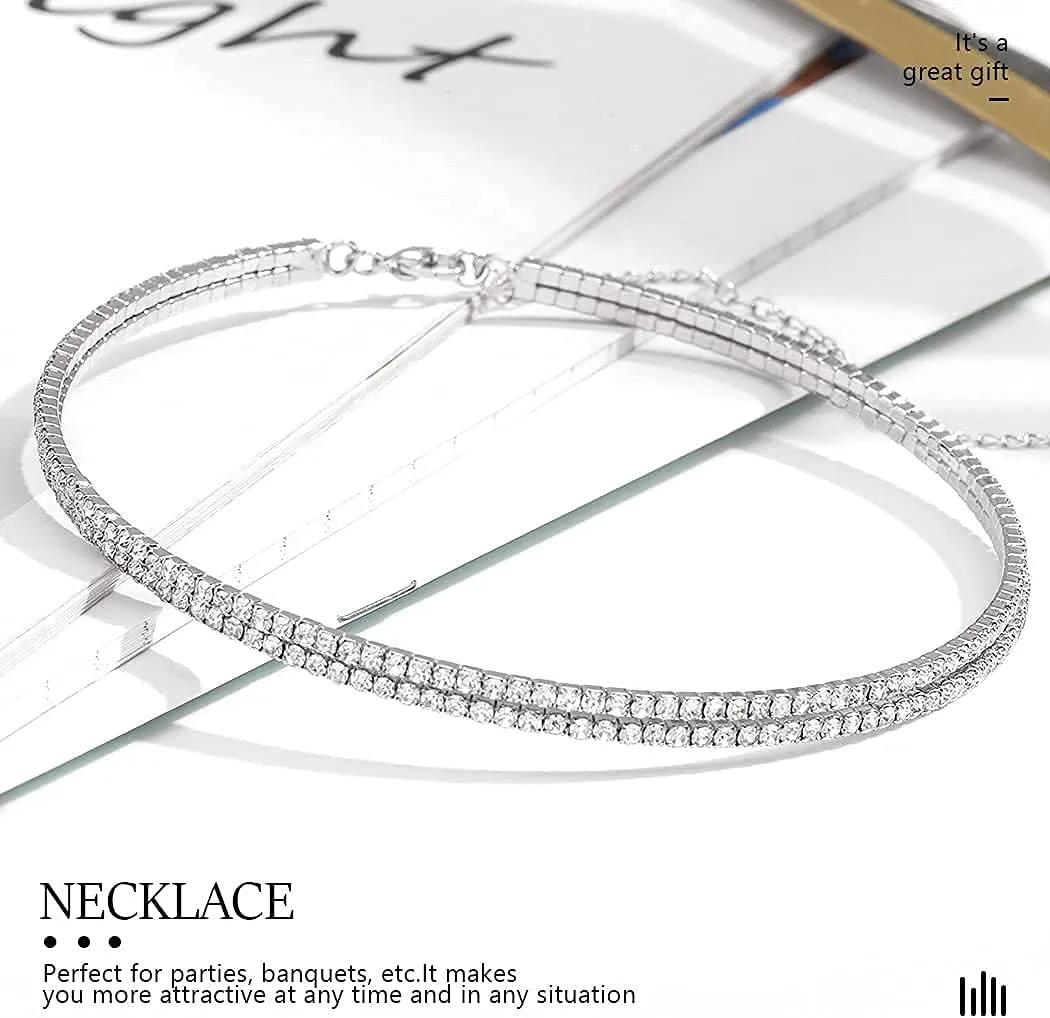 JEAIRTS Rhinestone Choker Necklace Silver Diamond Row Necklaces Sparkly Crystal Necklace Chain Jewerly Fashion Minimalist Party Prom Accessories for Women