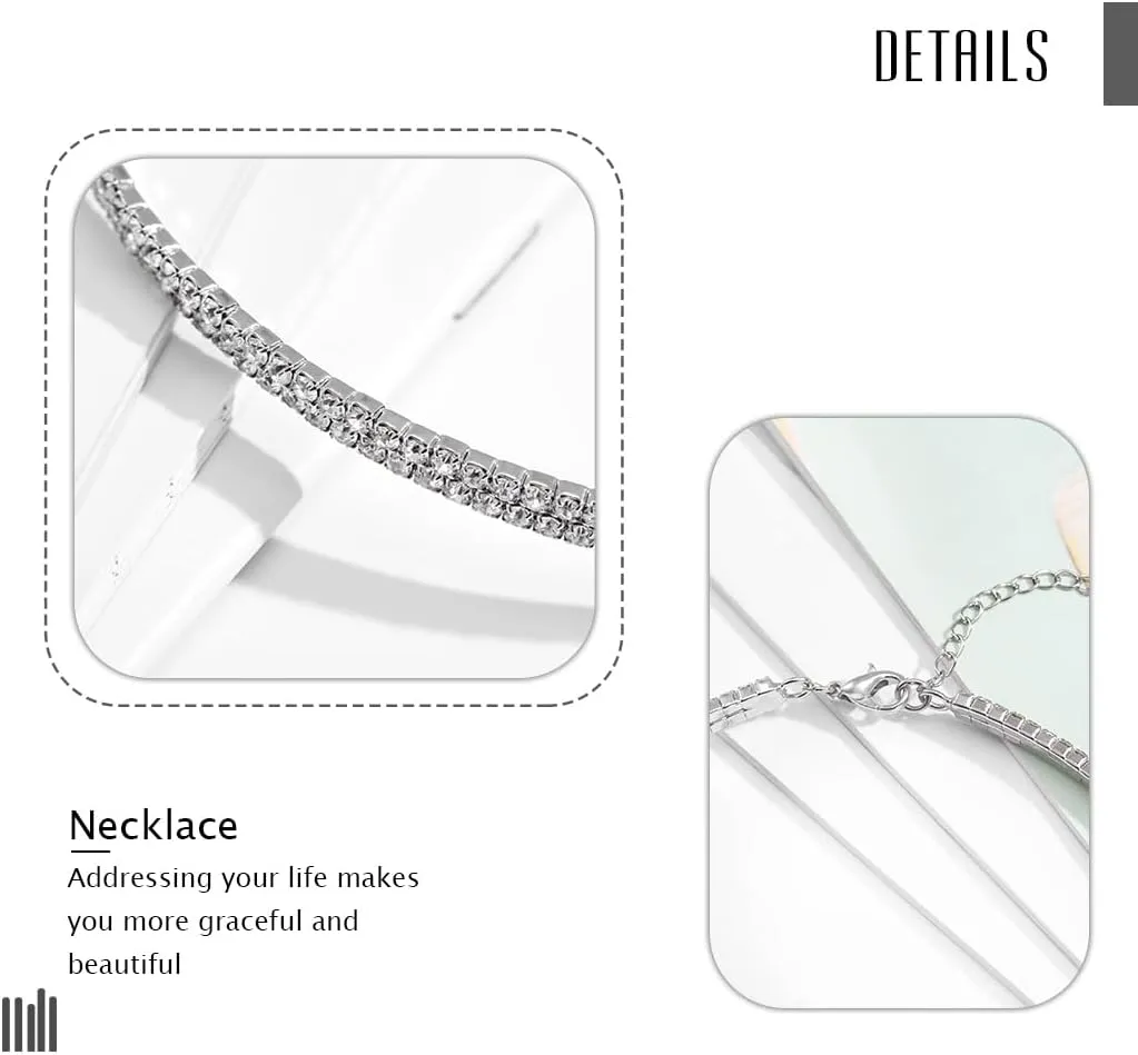 JEAIRTS Rhinestone Choker Necklace Silver Diamond Row Necklaces Sparkly Crystal Necklace Chain Jewerly Fashion Minimalist Party Prom Accessories for Women