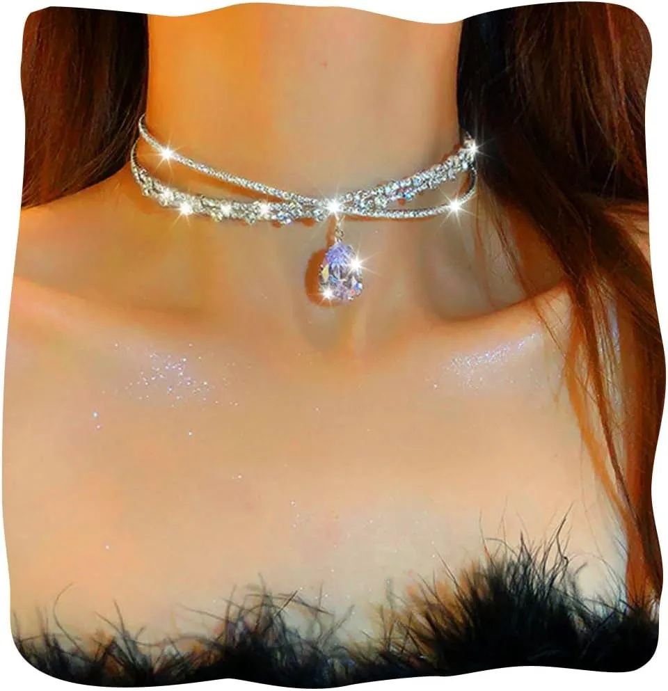 JEAIRTS Rhinestone Choker Necklace Silver Diamond Row Necklaces Sparkly Crystal Necklace Chain Jewerly Fashion Minimalist Party Prom Accessories for Women