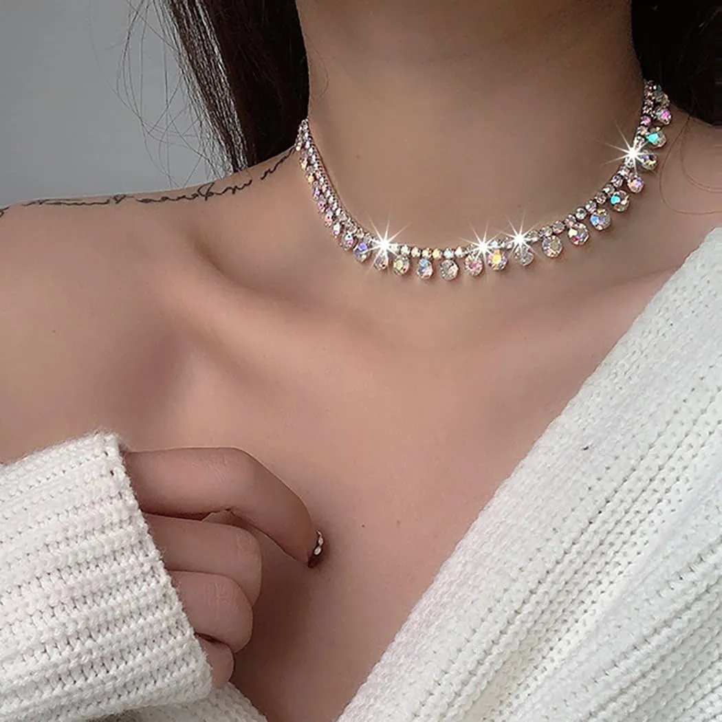 JEAIRTS Rhinestone Choker Necklace Silver Diamond Row Necklaces Sparkly Crystal Necklace Chain Jewerly Fashion Minimalist Party Prom Accessories for Women