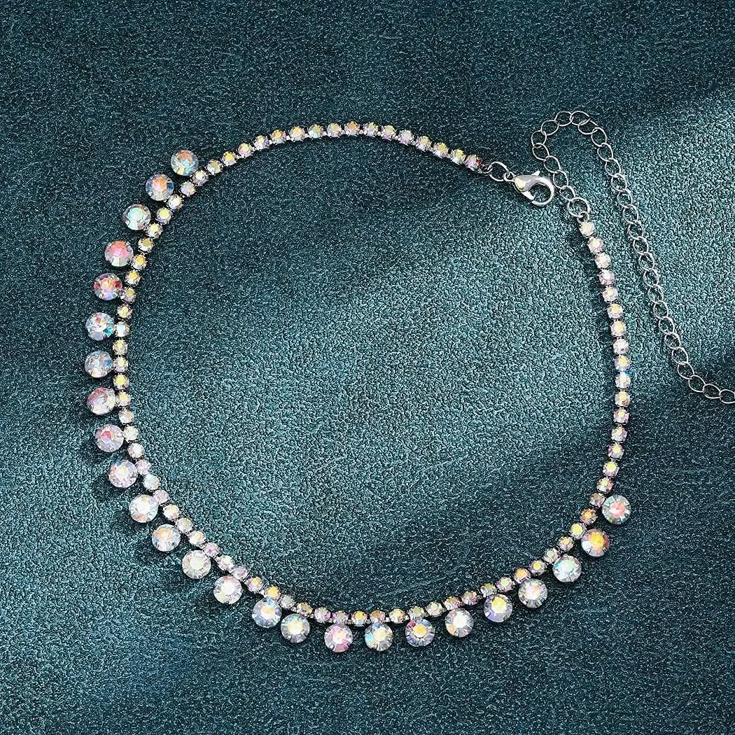 JEAIRTS Rhinestone Choker Necklace Silver Diamond Row Necklaces Sparkly Crystal Necklace Chain Jewerly Fashion Minimalist Party Prom Accessories for Women