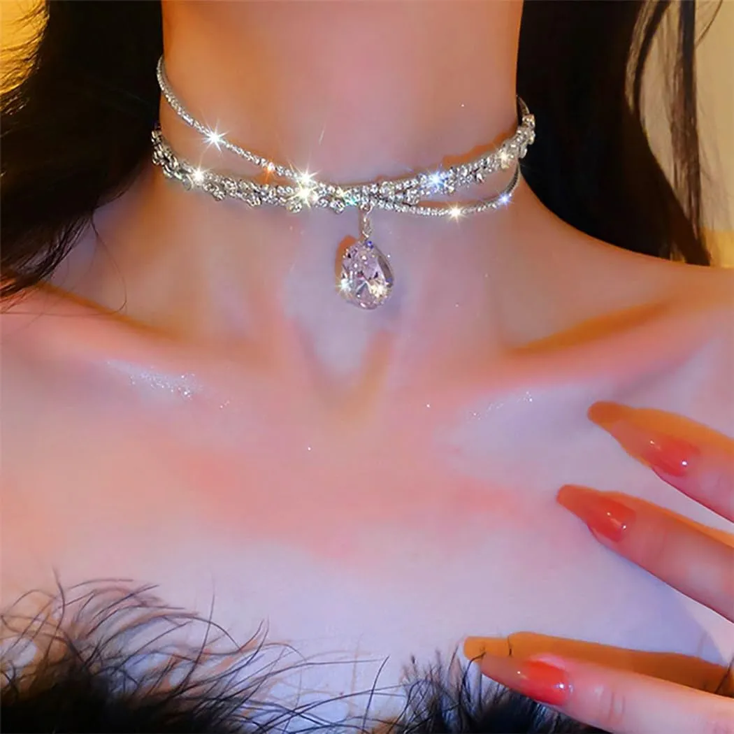 JEAIRTS Rhinestone Choker Necklace Silver Diamond Row Necklaces Sparkly Crystal Necklace Chain Jewerly Fashion Minimalist Party Prom Accessories for Women