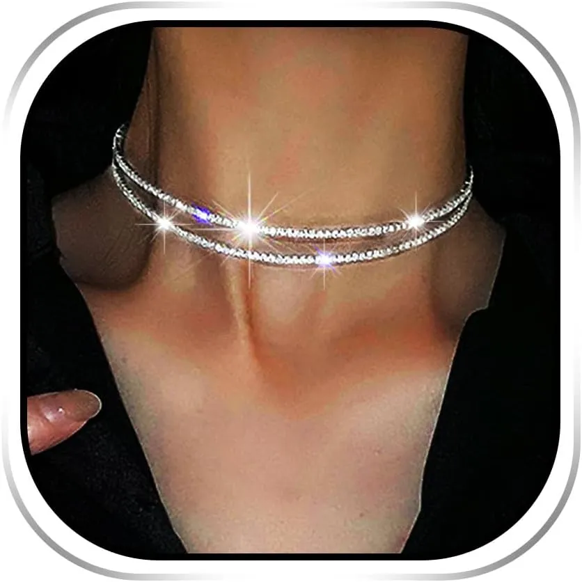 JEAIRTS Rhinestone Choker Necklace Silver Diamond Row Necklaces Sparkly Crystal Necklace Chain Jewerly Fashion Minimalist Party Prom Accessories for Women