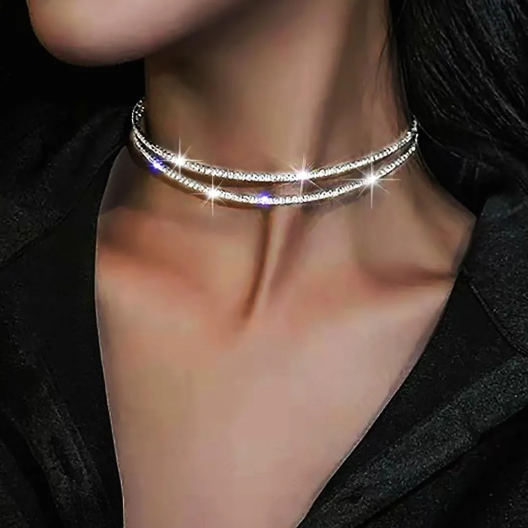 JEAIRTS Rhinestone Choker Necklace Silver Diamond Row Necklaces Sparkly Crystal Necklace Chain Jewerly Fashion Minimalist Party Prom Accessories for Women