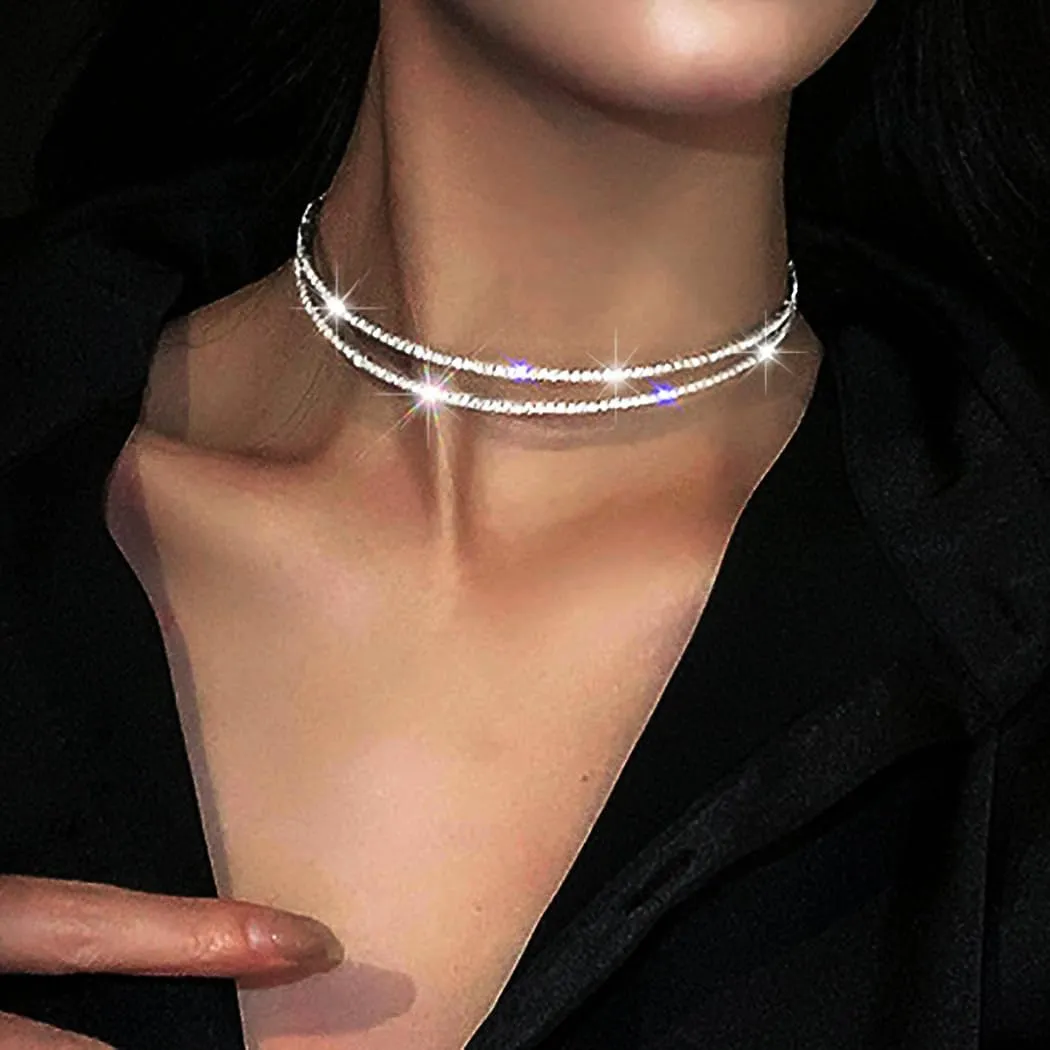 JEAIRTS Rhinestone Choker Necklace Silver Diamond Row Necklaces Sparkly Crystal Necklace Chain Jewerly Fashion Minimalist Party Prom Accessories for Women