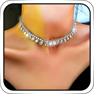 JEAIRTS Rhinestone Choker Necklace Silver Diamond Row Necklaces Sparkly Crystal Necklace Chain Jewerly Fashion Minimalist Party Prom Accessories for Women
