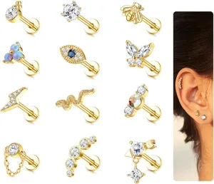 JeryWe 12Pcs 16G Cartilage Earrings Stud for Women Surgical Steel Top Screw Flat Back Earrings Bee Butterfly Snake Evil Eye Opal CZ Cartilage Earrings Tragus Helix Piercing Jewelry