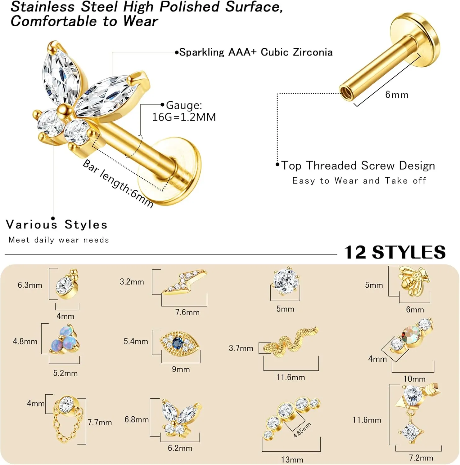 JeryWe 12Pcs 16G Cartilage Earrings Stud for Women Surgical Steel Top Screw Flat Back Earrings Bee Butterfly Snake Evil Eye Opal CZ Cartilage Earrings Tragus Helix Piercing Jewelry