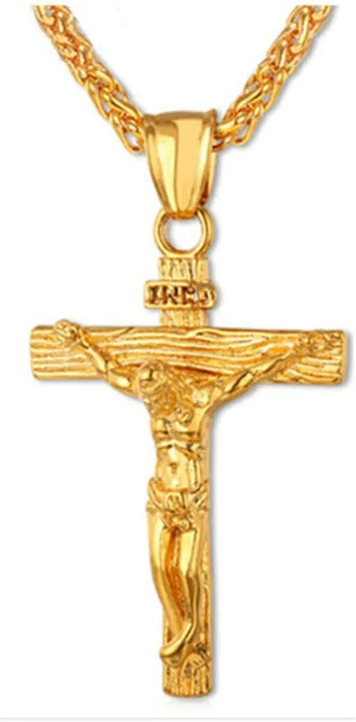 Jesus Christ Crucifix Cross Pendant Chain Necklace Stainless Steel Gold Plated Style FRTRG-338