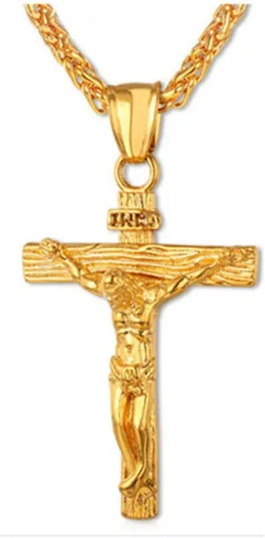 Jesus Christ Crucifix Cross Pendant Chain Necklace Stainless Steel Gold Plated Style FRTRG-338