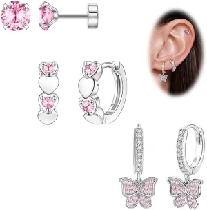 Jewdreamer Hypoallergenic Silver Huggie Hoop Earrings for Women Small Surgical Steel Flat Back Earrings Cute Dangling Earrings Pink Colorful CZ Flat Back Stud Earrings Set for Sensitive Ears