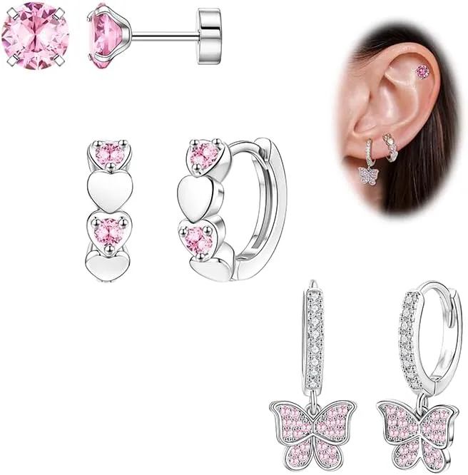 Jewdreamer Hypoallergenic Silver Huggie Hoop Earrings for Women Small Surgical Steel Flat Back Earrings Cute Dangling Earrings Pink Colorful CZ Flat Back Stud Earrings Set for Sensitive Ears