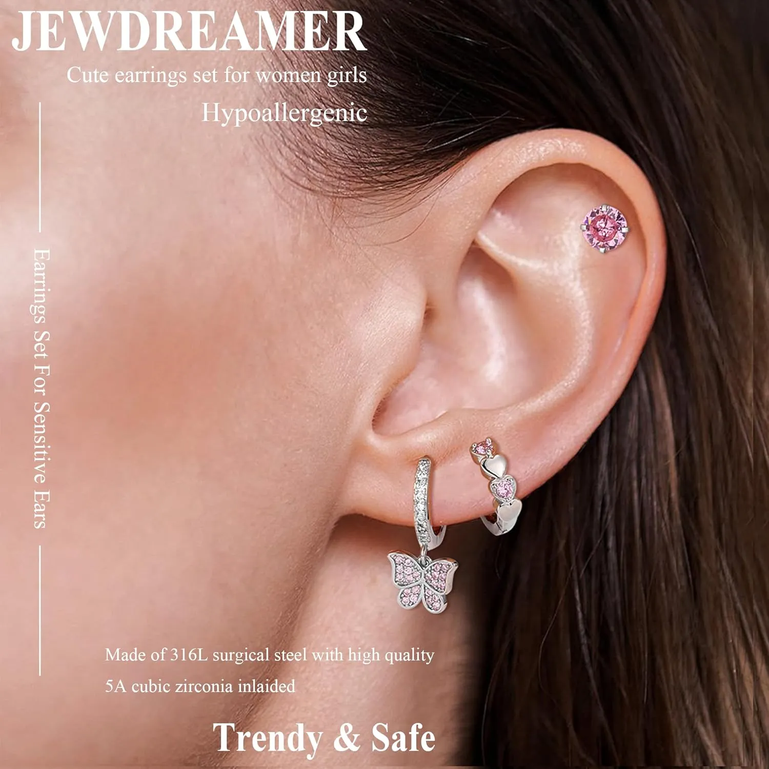 Jewdreamer Hypoallergenic Silver Huggie Hoop Earrings for Women Small Surgical Steel Flat Back Earrings Cute Dangling Earrings Pink Colorful CZ Flat Back Stud Earrings Set for Sensitive Ears