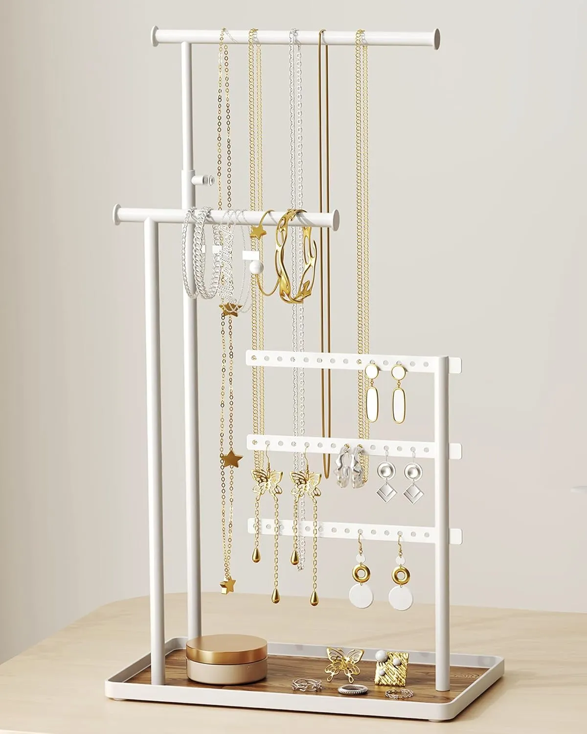 Jewelry Holder Organizer Stand - Adjustable Tall 17.5" (Max), Sturdy Jewelry Hanger for Necklaces, Earrings, Bracelets, Rings, Jewlery Display and Storage, White, Metal