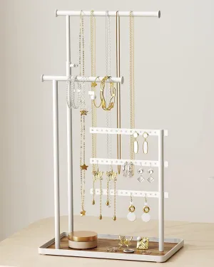 Jewelry Holder Organizer Stand - Adjustable Tall 17.5" (Max), Sturdy Jewelry Hanger for Necklaces, Earrings, Bracelets, Rings, Jewlery Display and Storage, White, Metal