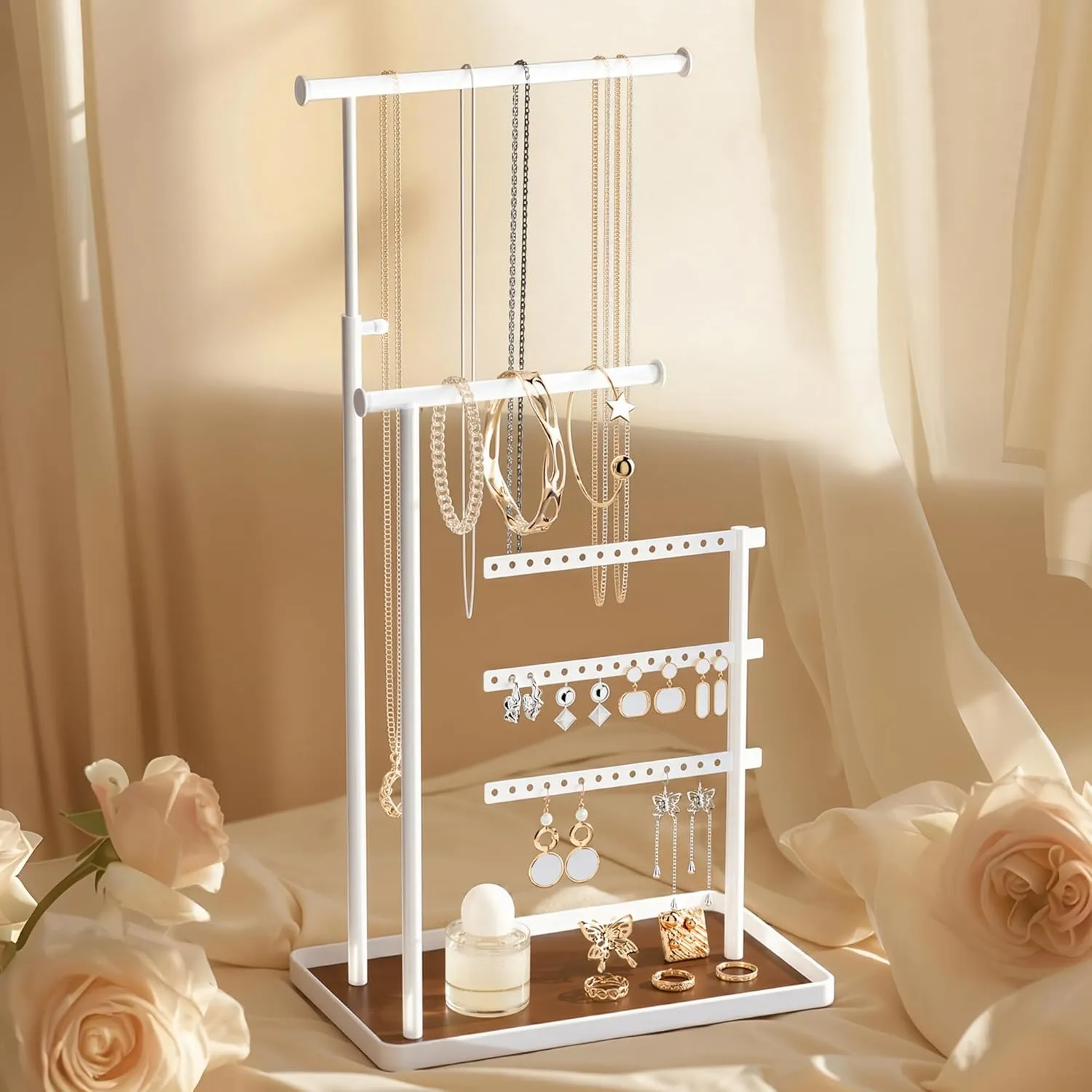 Jewelry Holder Organizer Stand - Adjustable Tall 17.5" (Max), Sturdy Jewelry Hanger for Necklaces, Earrings, Bracelets, Rings, Jewlery Display and Storage, White, Metal