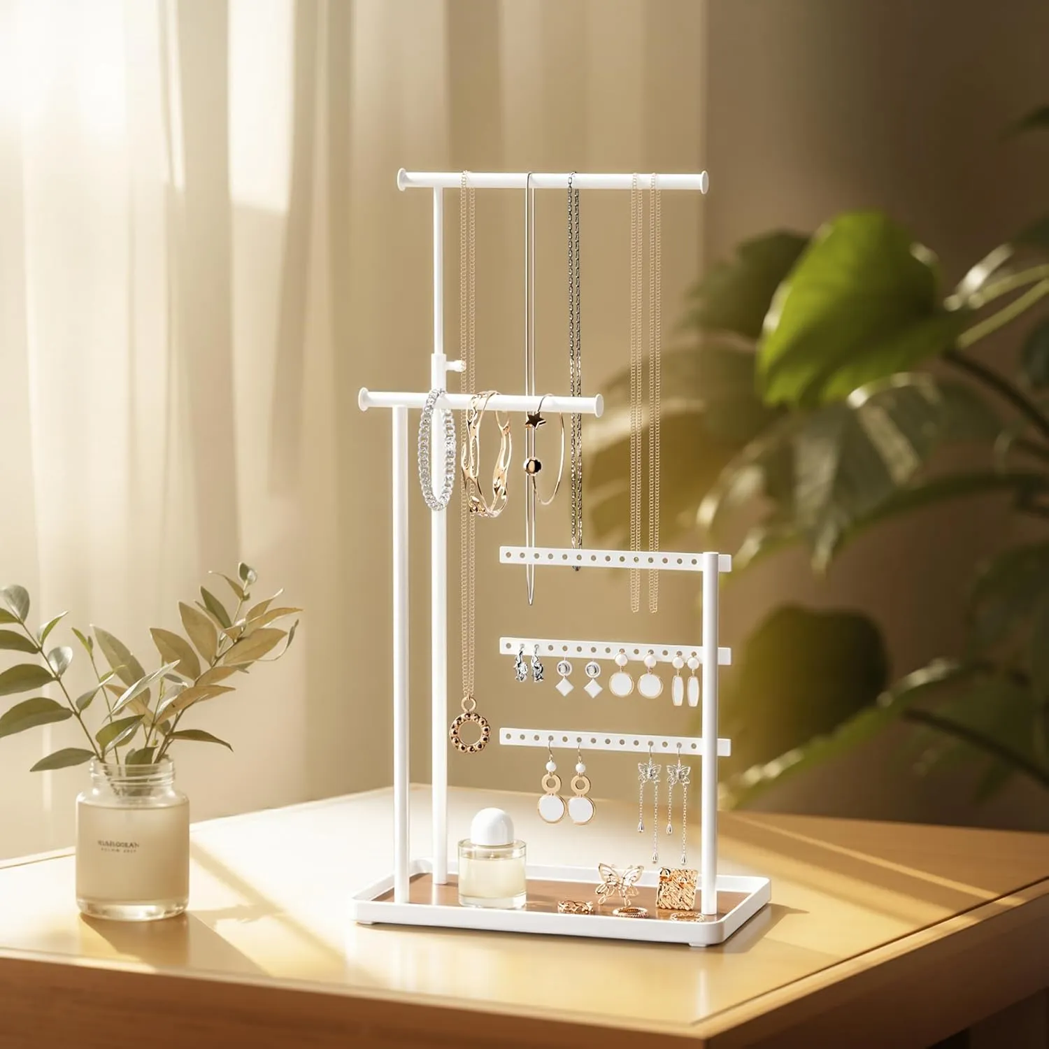 Jewelry Holder Organizer Stand - Adjustable Tall 17.5" (Max), Sturdy Jewelry Hanger for Necklaces, Earrings, Bracelets, Rings, Jewlery Display and Storage, White, Metal