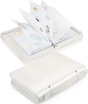 Jewelry Travel Organizer Case, PU Leather Portable Jewelry Storage Book with Transparent Pockets Zipper Bag for Necklaces, Earrings, Bracelets(48 Grids 48 Thicken PVC Bags), Pearl White