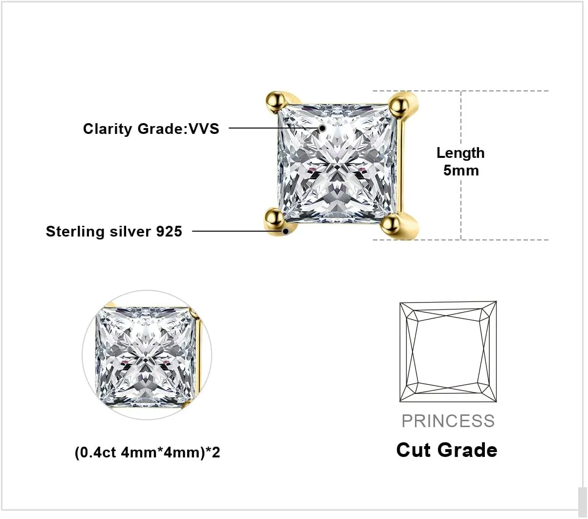 JewelryPalace Princess Cut 0.8ct Cubic Zirconia Solitaire Stud Earrings for Women, Square Shape 925 Sterling Silver 14k Gold Plated Earrings for Her, Simulated Diamond Earrings for Girls