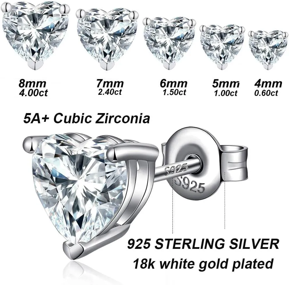 Jiamiaoi 18K White Gold Plated Simulated Diamond Earrings for Men Women 925 Sterling Silver Cubic Zirconia CZ Stud Earrings, Hypoallergenic and Nickel Free Earrings Studs 4mm-8mm