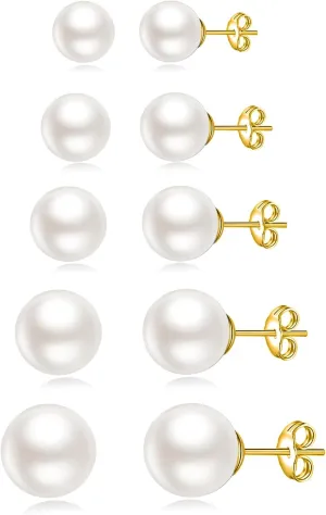 JINERA 5 Pairs Stud Earrings for Women 14K Plated Gold/Silver Pearl Ball Small Stud Earrings Set Cartilage Piercing Hypoallergenic Lightweight Flatback Earrings Jewelry Gifts for Women