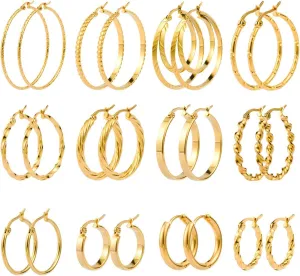 Jinxiuge 12 Pairs Gold Hoop Earrings Set Stainless Steel Twisted Round Small Chunky Hoop Earrings for Women