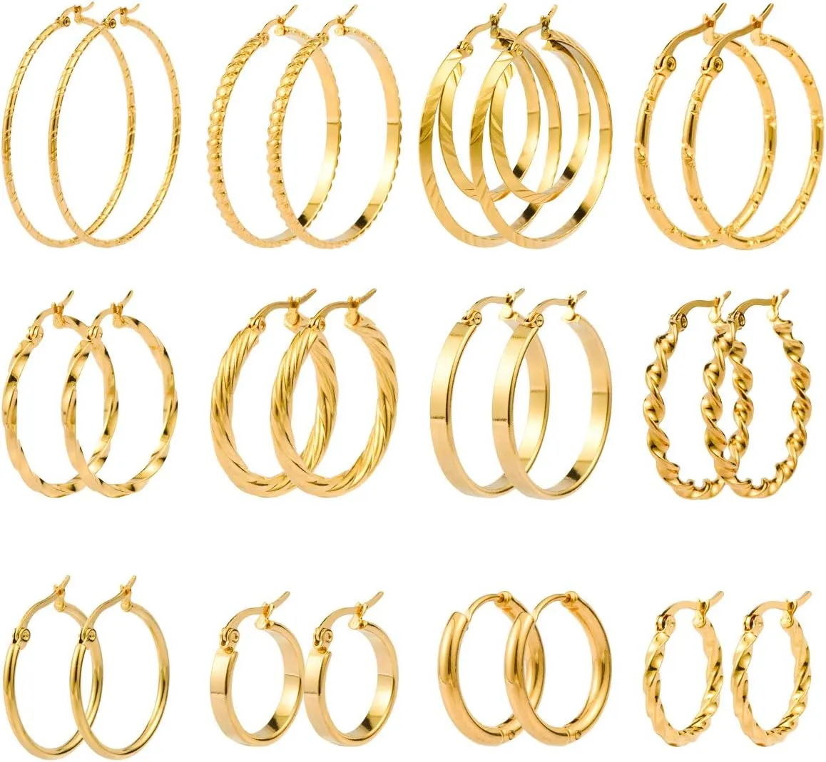 Jinxiuge 12 Pairs Gold Hoop Earrings Set Stainless Steel Twisted Round Small Chunky Hoop Earrings for Women