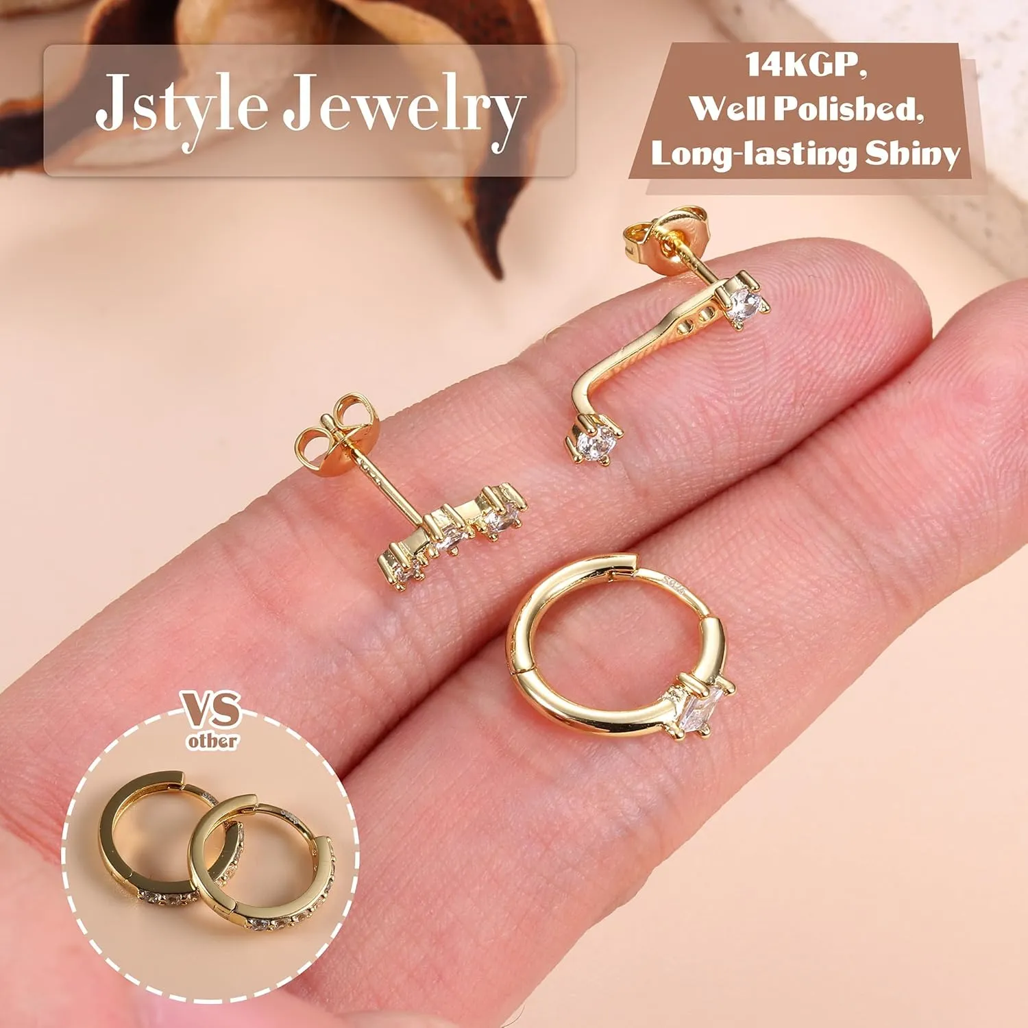 Jstyle 14K Gold Earrings for Women S925 Sterling Silver Earrings for Multiple Piercings Cartilage Stud Small Hoop Dainty Earrings Set