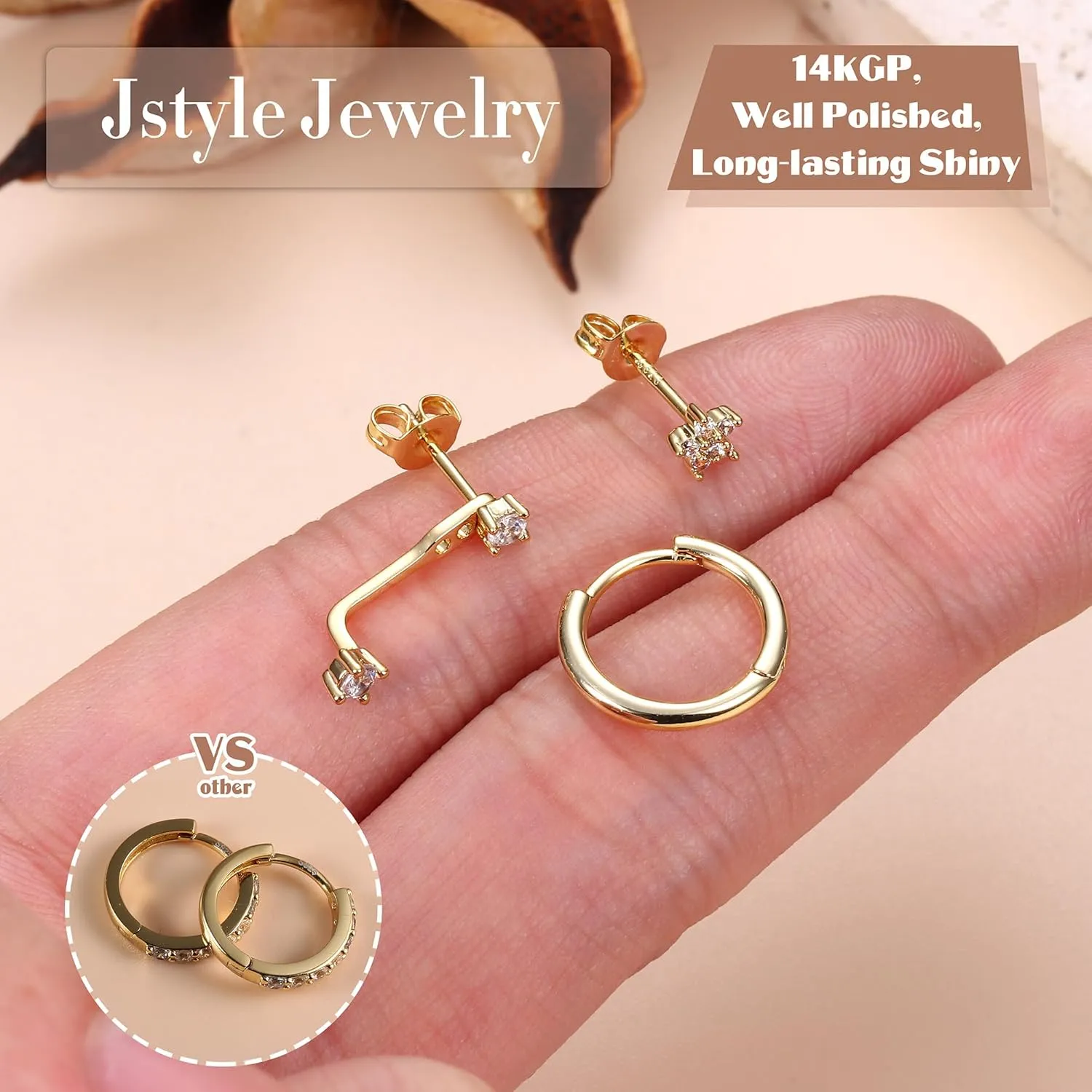 Jstyle 14K Gold Earrings for Women S925 Sterling Silver Earrings for Multiple Piercings Cartilage Stud Small Hoop Dainty Earrings Set