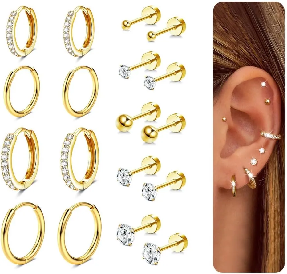 Jstyle 9 Pairs Earrings Sets for Multiple Piercing Hypoallergenic 14K Gold Plated Small Huggie Hoop Earrings for Women Tiny Ball CZ Gold Flat Back Stud Earrings for Women Lobe Helix Cartilage Earrings
