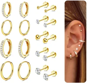 Jstyle 9 Pairs Earrings Sets for Multiple Piercing Hypoallergenic 14K Gold Plated Small Huggie Hoop Earrings for Women Tiny Ball CZ Gold Flat Back Stud Earrings for Women Lobe Helix Cartilage Earrings