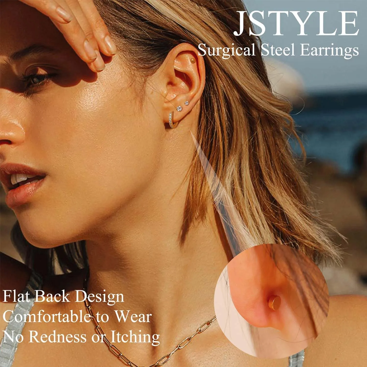 Jstyle 9 Pairs Earrings Sets for Multiple Piercing Hypoallergenic 14K Gold Plated Small Huggie Hoop Earrings for Women Tiny Ball CZ Gold Flat Back Stud Earrings for Women Lobe Helix Cartilage Earrings