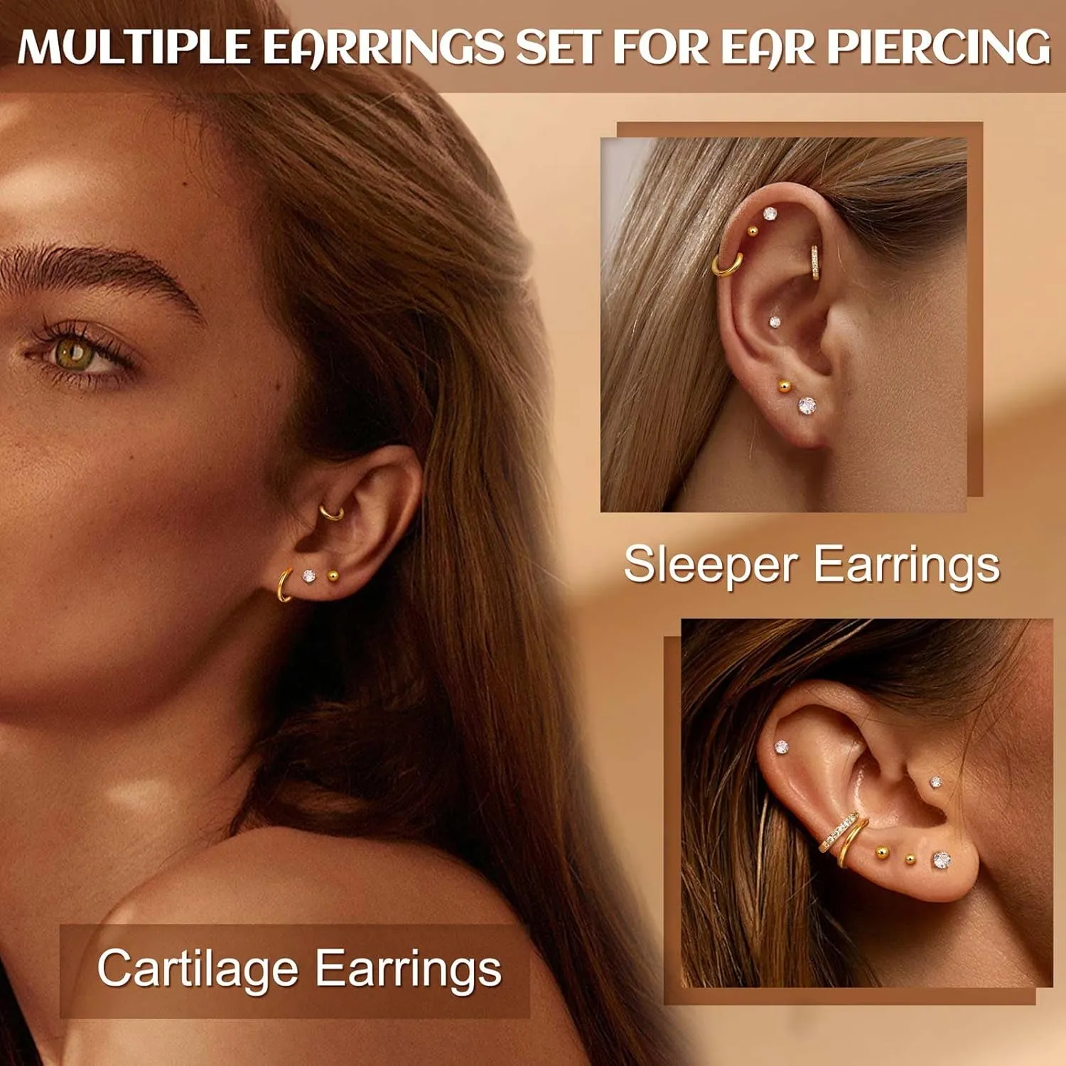 Jstyle 9 Pairs Earrings Sets for Multiple Piercing Hypoallergenic 14K Gold Plated Small Huggie Hoop Earrings for Women Tiny Ball CZ Gold Flat Back Stud Earrings for Women Lobe Helix Cartilage Earrings