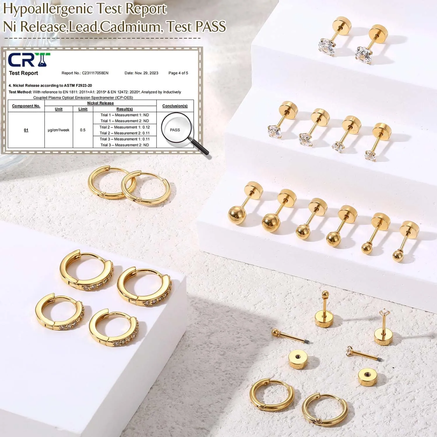 Jstyle 9 Pairs Earrings Sets for Multiple Piercing Hypoallergenic 14K Gold Plated Small Huggie Hoop Earrings for Women Tiny Ball CZ Gold Flat Back Stud Earrings for Women Lobe Helix Cartilage Earrings