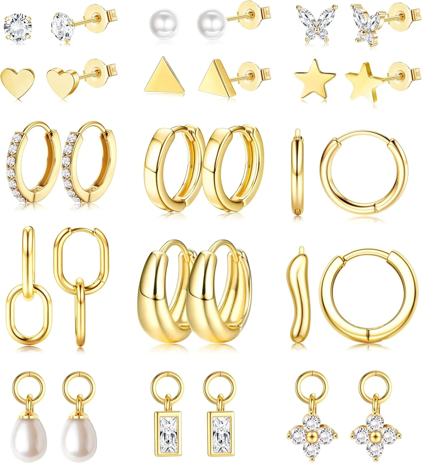 Jstyle Small Gold Hoops Earrings for Women 14K Gold Plated Huggie Hoop Earrings Lightweight Hypoallergenic Stud Earrings Set with Cubic Zirconia Pearl Charm Set-Earrings Stacks for Women No Tarnish