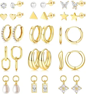 Jstyle Small Gold Hoops Earrings for Women 14K Gold Plated Huggie Hoop Earrings Lightweight Hypoallergenic Stud Earrings Set with Cubic Zirconia Pearl Charm Set-Earrings Stacks for Women No Tarnish