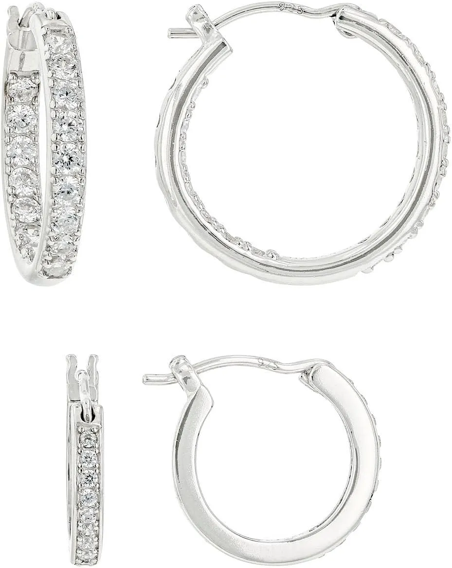 JTV Cubic Zirconia Sterling Silver Hoop Earrings Set of 2 - Stunning Platinum Over Sterling Silver Hoops - Hoop Earring Sets for Women - Faux Diamond Hoops - Summer Jewelry for Women - 12.7MM