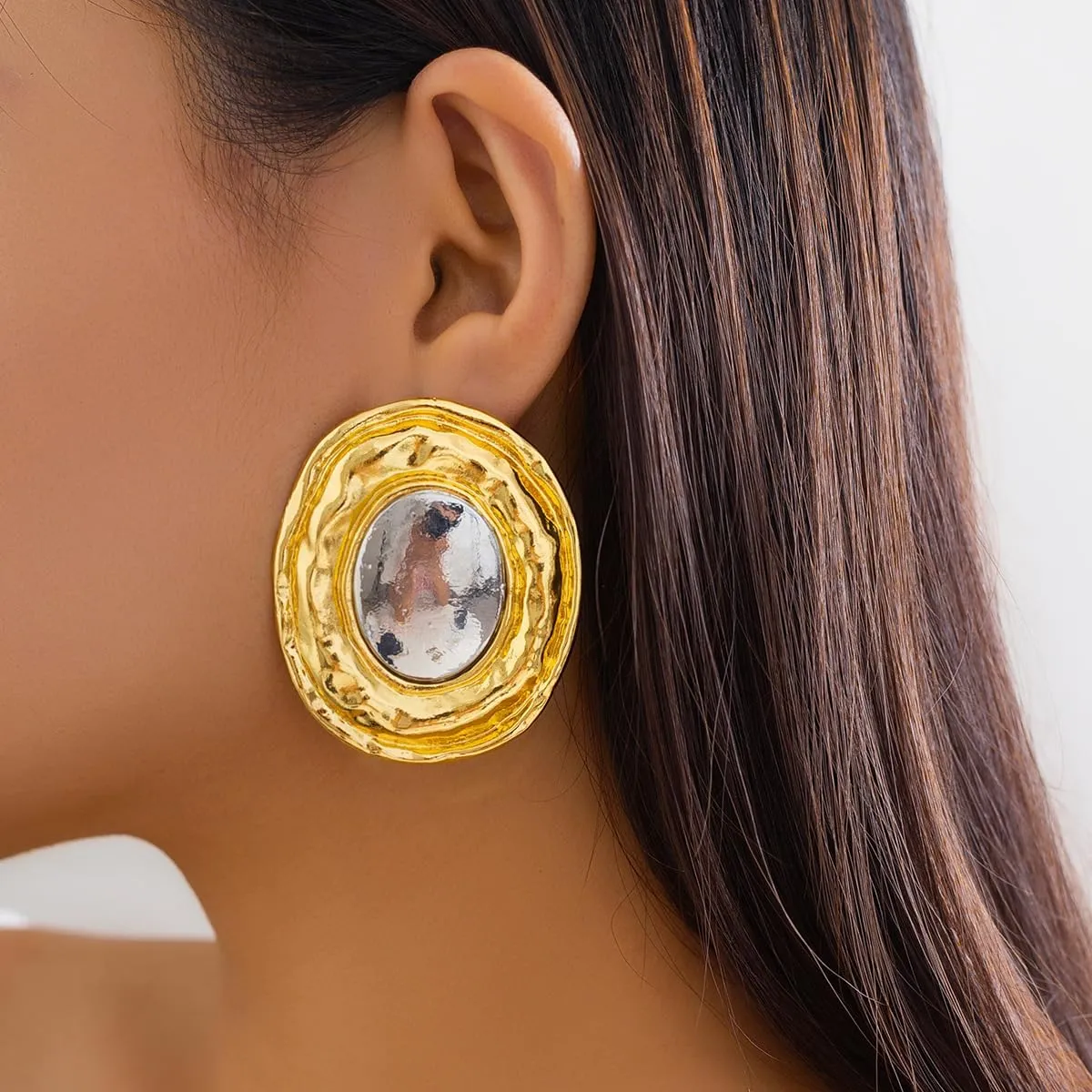 Jumwrit Dainty Chunky Earrings Statement Textured Thick Geometry Round Oval Stud Earrings Fashion Large Earrings Jewelry for Women Girls