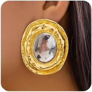 Jumwrit Dainty Chunky Earrings Statement Textured Thick Geometry Round Oval Stud Earrings Fashion Large Earrings Jewelry for Women Girls