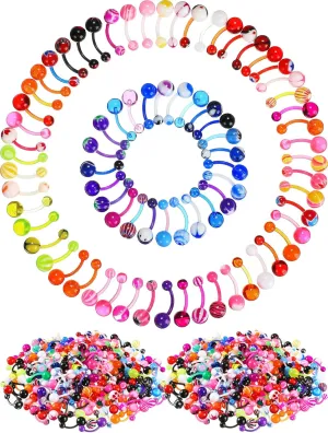 Junkin 200 Pieces Belly Button Rings Piercing Multipack Belly Ring Button Banana Barbells Colorful Body Navel Barbell Acrylic Balls Steel Belly Body Piercing Jewelry